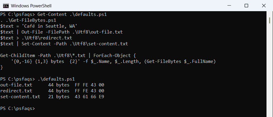Windows PowerShell 5.1 Out-File writes UTF-16LE and Set-Content writes ANSI by default