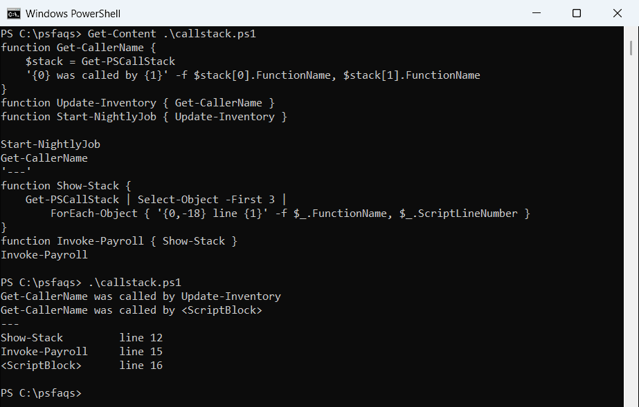 Windows PowerShell 5.1 Get-PSCallStack shows the current function name and the calling function name