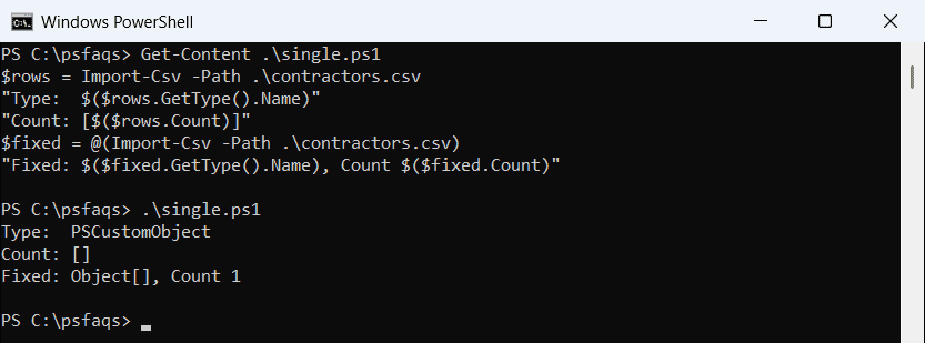 Windows PowerShell 5.1 shows an empty Count for a one-row Import-Csv result