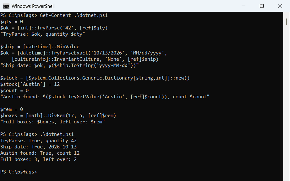 Windows PowerShell 5.1 [ref] with int TryParse, datetime TryParseExact, Dictionary TryGetValue and Math DivRem