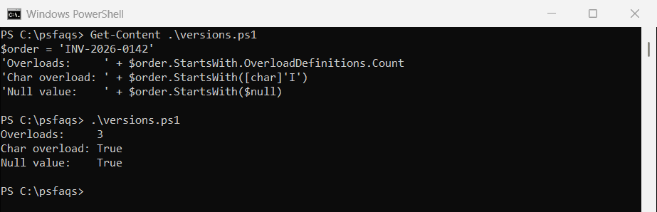 Windows PowerShell 5.1 StartsWith null returns True and has three overloads