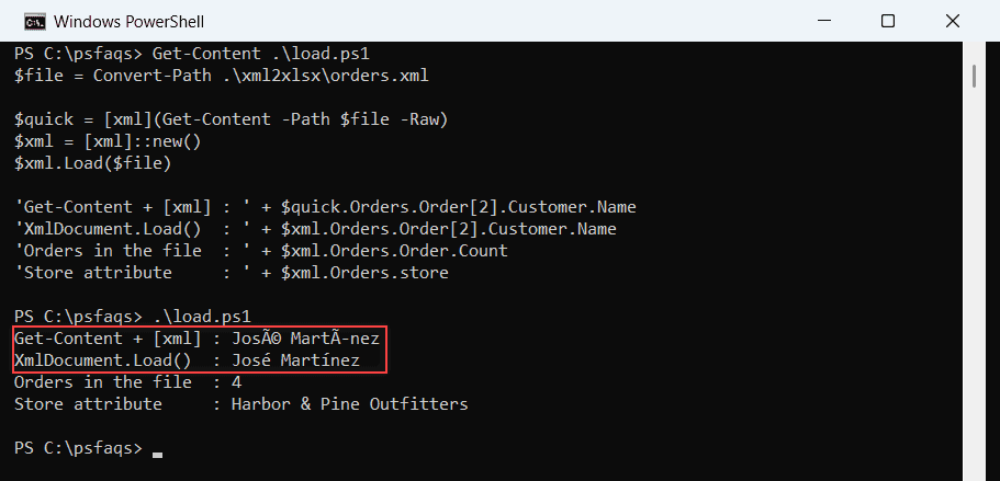 Windows PowerShell 5.1 console where Get-Content plus [xml] garbles José Martínez but XmlDocument.Load reads it correctly