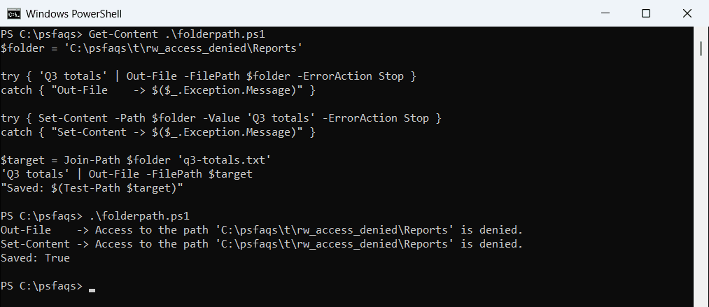 Windows PowerShell Out-File access to the path is denied for a folder path