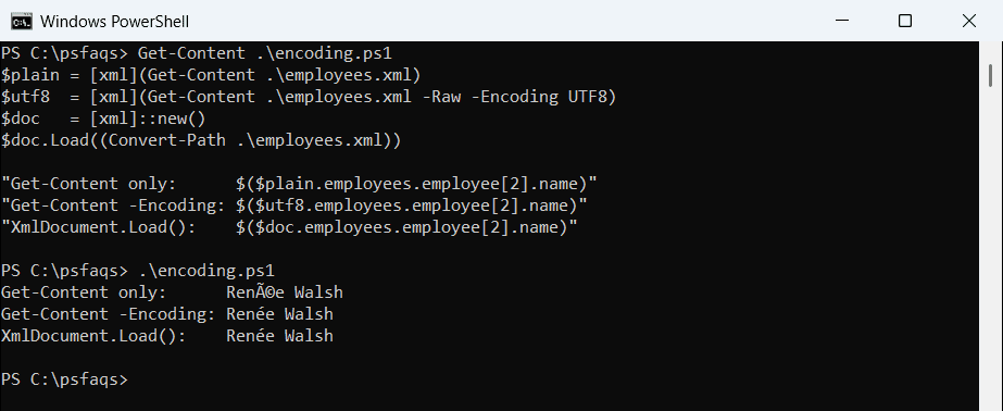 Windows PowerShell 5.1 XML Get-Content UTF-8 encoding problem